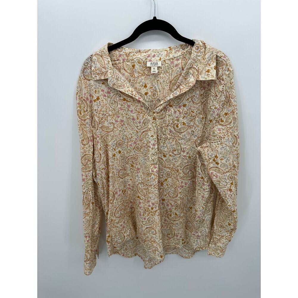 a.n.a Paisley Floral Blouse Women XL Button Front Long Sleeve Boho Cottagecore